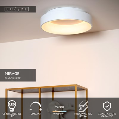 Lucide MIRAGE - Plafonnière - Ø 45 cm - LED Dimb. - 1x33W 2700K - Wit